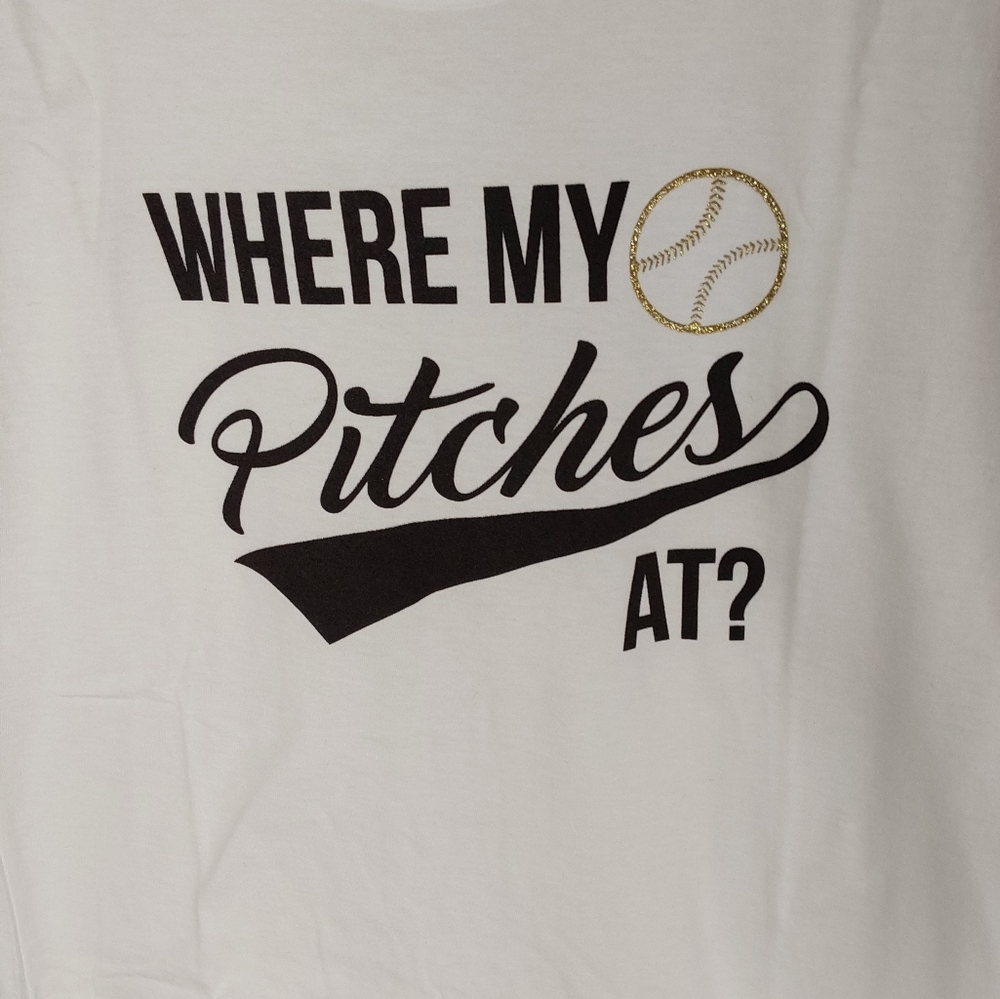 Tiff + Jen "Where My Pitches At?" White Crew Neck Graphic Tee 